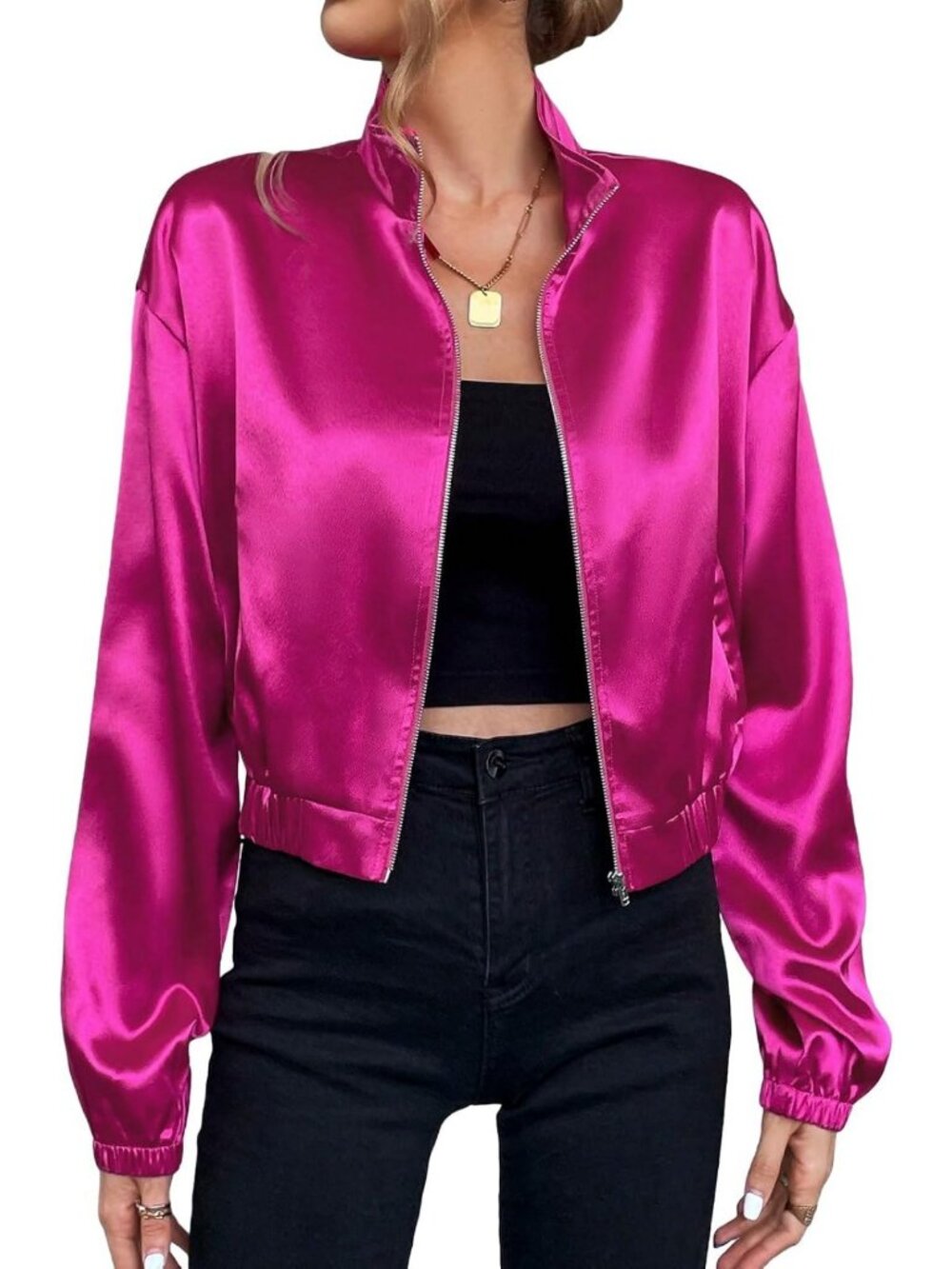 Lightweight Satin Bomber Jacket for Women | Drop Shoulder, Long Sleeve, Zip Up